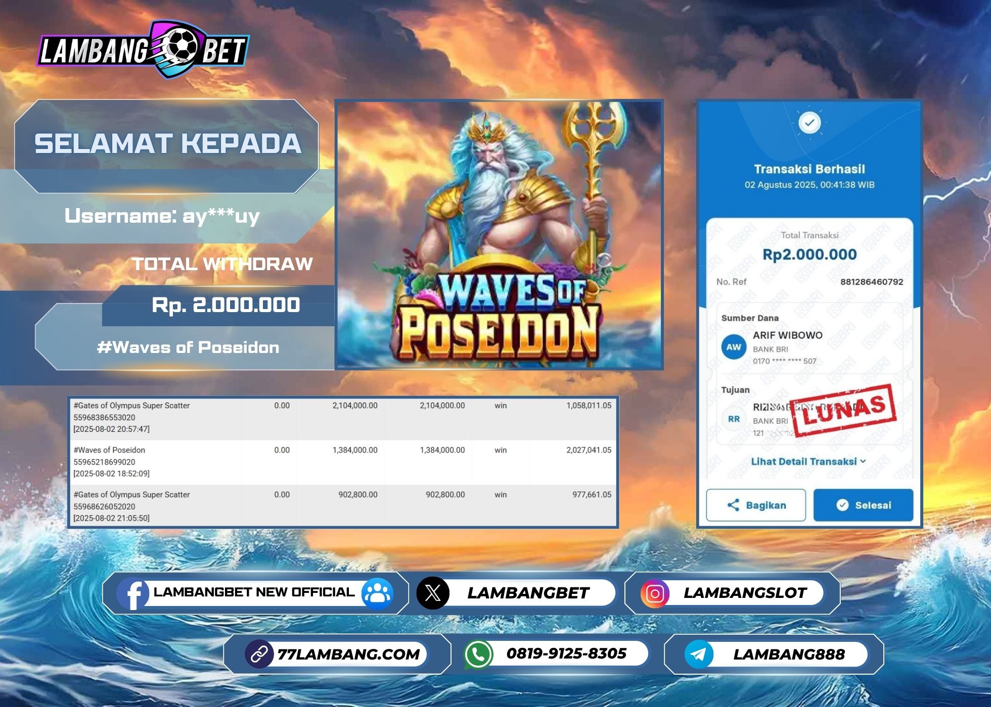 LAMBANGBET [2 AUGUST 2025] JACKPOT SLOT Waves of Poseidon "Rp2.000.000" LUNAS